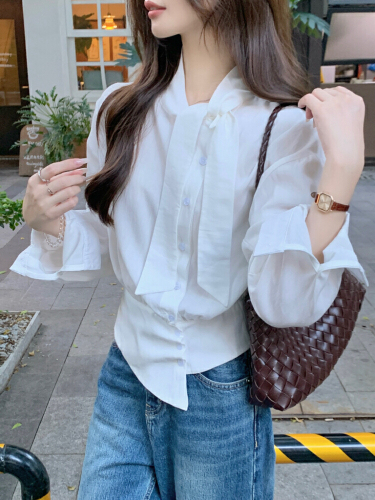 Real-shot! French-style high-intellect ribbon-design long-sleeve shirt for women—versatile side-placket, cropped, and available in white