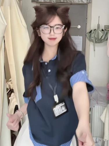 260g college style Polo collar plaid short-sleeved T-shirt for women in summer loose fake two-piece top