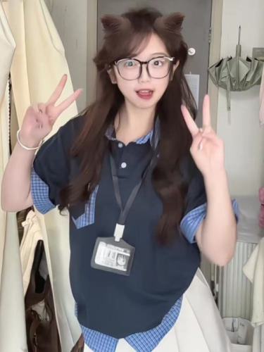 260g college style Polo collar plaid short-sleeved T-shirt for women in summer loose fake two-piece top