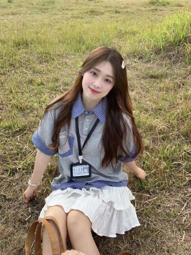 260g college style Polo collar plaid short-sleeved T-shirt for women in summer loose fake two-piece top