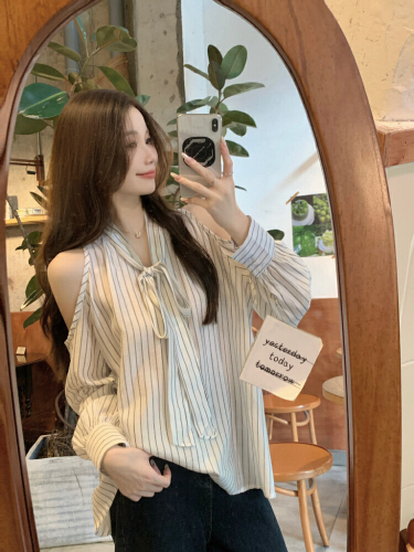 Photographed! Korean-style striped off-shoulder women's temperament binding strap long-sleeved design casual shirt top trendy
