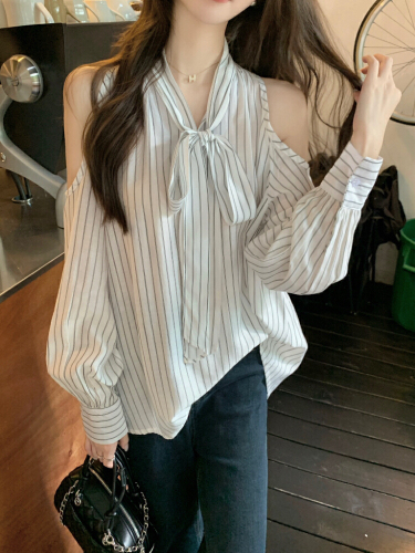 Photographed! Korean-style striped off-shoulder women's temperament binding strap long-sleeved design casual shirt top trendy