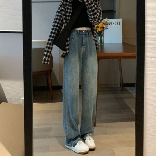 Retro high-waisted straight jeans for women in autumn new style loose flesh covering to make them look thin and simple and versatile wide-leg pants ins