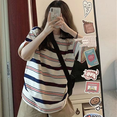 American-style front shoulder striped T-shirt short-sleeved women's loose niche unique unique design top new summer