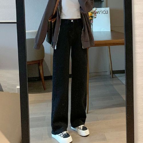 Retro high-waisted straight jeans for women in autumn new style loose flesh covering to make them look thin and simple and versatile wide-leg pants ins