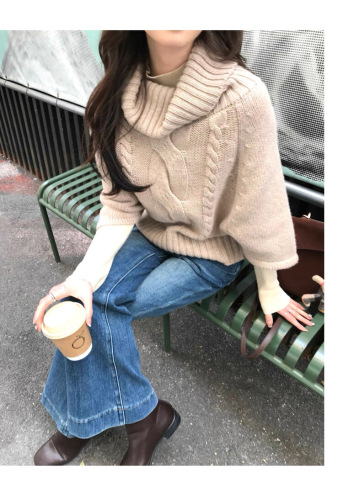2025 Fall/Winter Lazy-Style Cape High-Neck Cable-Knit Outerwear Knit Sweater Coat – Single Piece