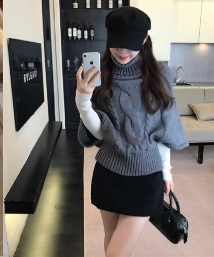 2025 Fall/Winter Lazy-Style Cape High-Neck Cable-Knit Outerwear Knit Sweater Coat – Single Piece