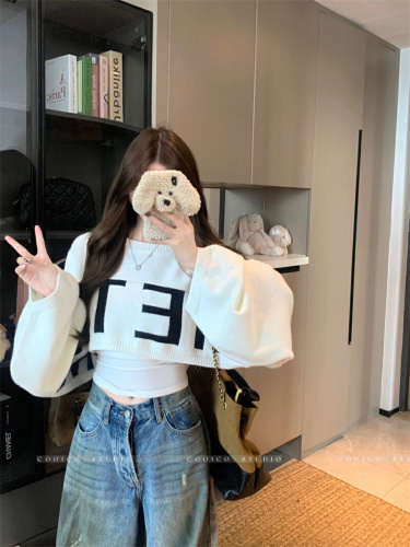 Photographed hot girl style short letter print long-sleeved sweater for women autumn loose slimming matchable top