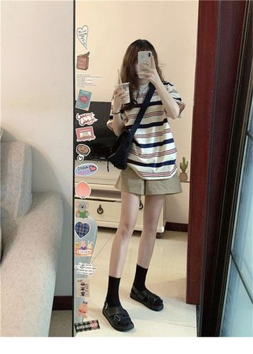 American-style front shoulder striped T-shirt short-sleeved women's loose niche unique unique design top new summer