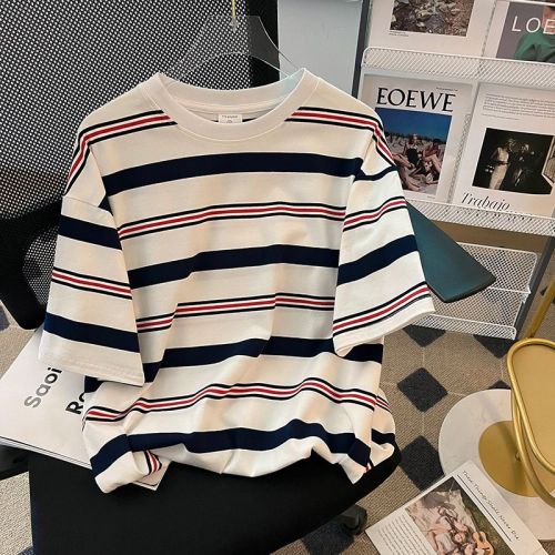 American-style front shoulder striped T-shirt short-sleeved women's loose niche unique unique design top new summer