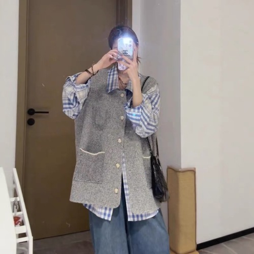 Tall and Lazy Weekend Wide-Area Design Flannel Shirt Loose Open Sweater with Stripes Long Sleeve + Vest