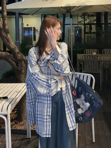 Tall and Lazy Weekend Wide-Area Design Flannel Shirt Loose Open Sweater with Stripes Long Sleeve + Vest