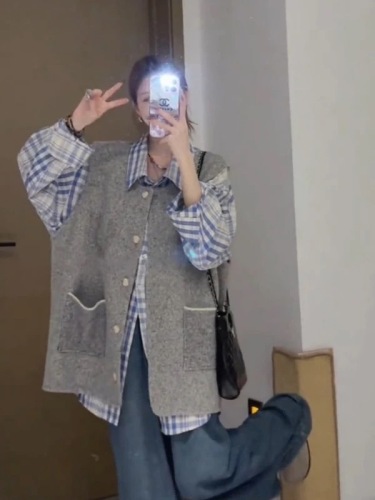 Tall and Lazy Weekend Wide-Area Design Flannel Shirt Loose Open Sweater with Stripes Long Sleeve + Vest