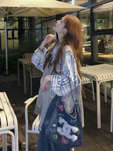 Tall and Lazy Weekend Wide-Area Design Flannel Shirt Loose Open Sweater with Stripes Long Sleeve + Vest