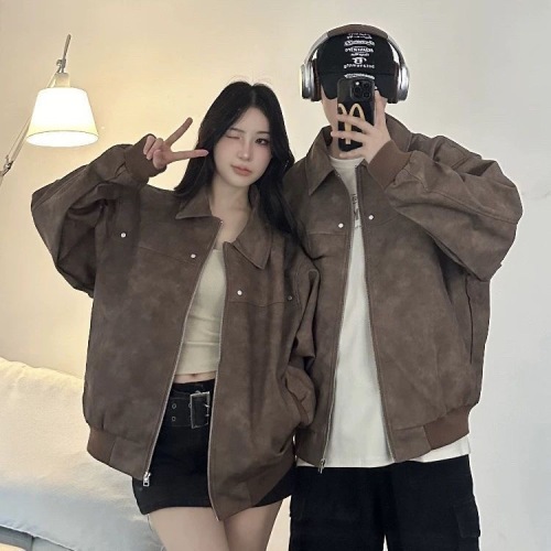 New Spring/Autumn Brown PU Jacket 2025, Korean-style American-retro chic lapel design—perfect for couples and trendy female students.