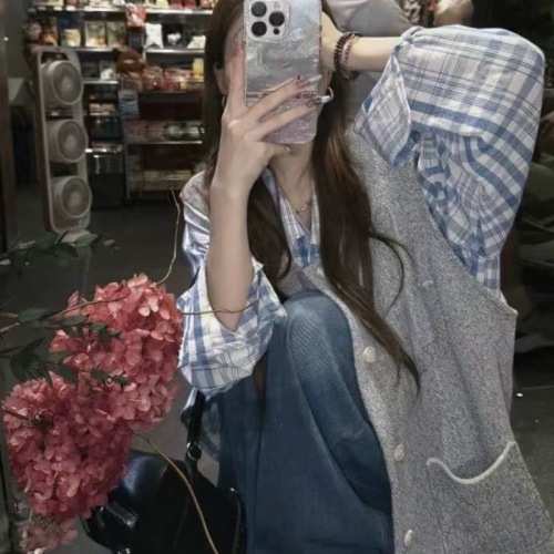 Tall and Lazy Weekend Wide-Area Design Flannel Shirt Loose Open Sweater with Stripes Long Sleeve + Vest