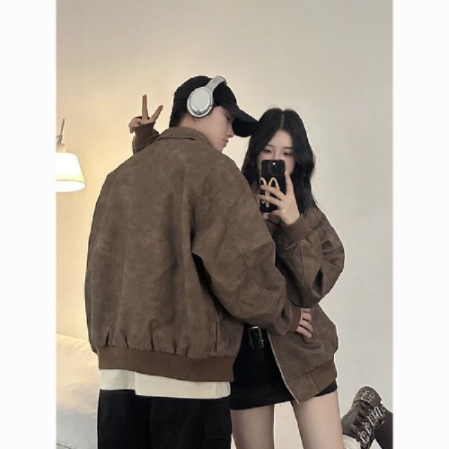 New Spring/Autumn Brown PU Jacket 2025, Korean-style American-retro chic lapel design—perfect for couples and trendy female students.