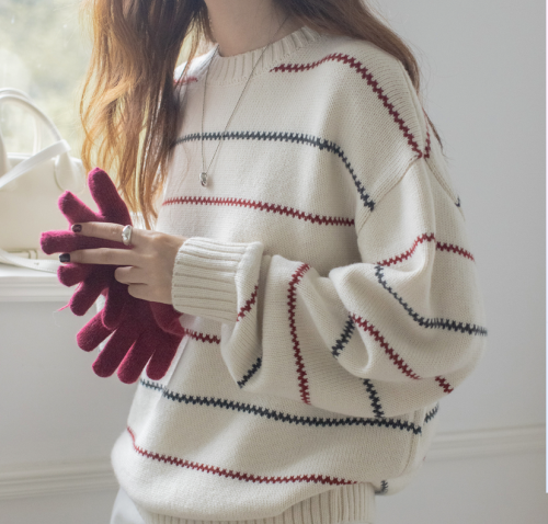 VNOOK Women's Fall/Winter Loose Retro High-End Casual Striped Wool Blend Cardigan Sweater