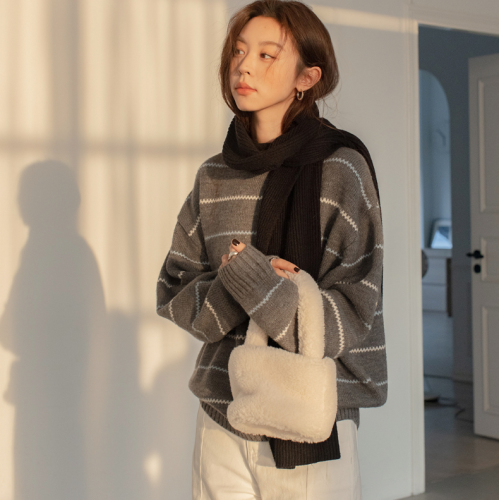 VNOOK Women's Fall/Winter Loose Retro High-End Casual Striped Wool Blend Cardigan Sweater