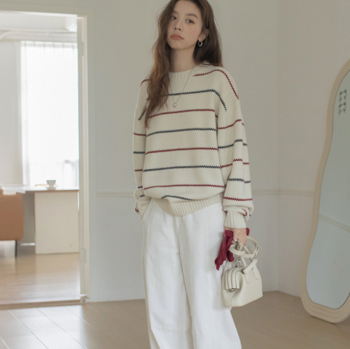 VNOOK Women's Fall/Winter Loose Retro High-End Casual Striped Wool Blend Cardigan Sweater