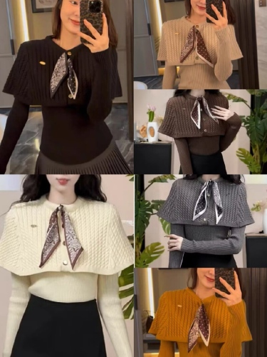 Korean Dongdaemun French Crochet Scarf Collar Tie Cape Shawl Women's V-Neck Sweater Set of Two