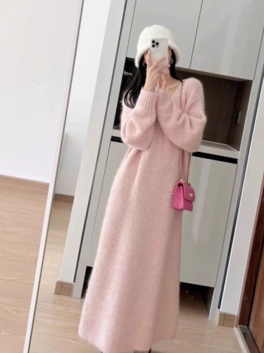 Women's Knit Dress Winter Lazy Style Loose Matchable Medium Length Skirt Knee-Length Thick V-neck Grey Wool Dress