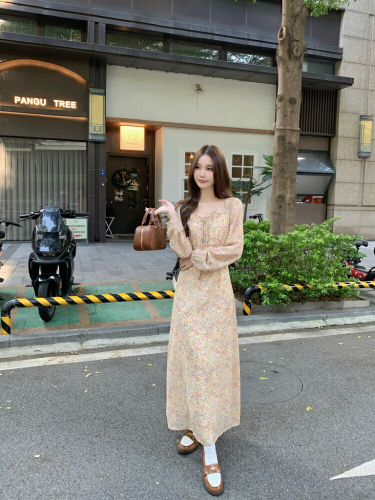 Real-shot, soft-style dress featuring a ruffled hem, tie-up details, and delicate floral patterns—designed with a cinched waist for a slimming, elegant look.