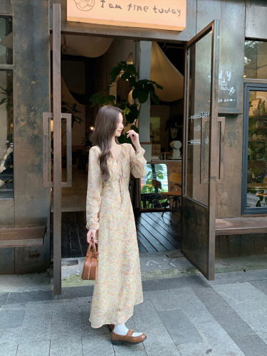 Real-shot, soft-style dress featuring a ruffled hem, tie-up details, and delicate floral patterns—designed with a cinched waist for a slimming, elegant look.