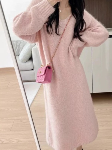 Women's Knit Dress Winter Lazy Style Loose Matchable Medium Length Skirt Knee-Length Thick V-neck Grey Wool Dress