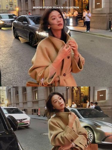 Elegant French-style, trendy wool coat with a stand-up collar—perfect for petite figures, offering a laid-back cape-like silhouette and a cinched waist. Wool overcoat for winter 2025.