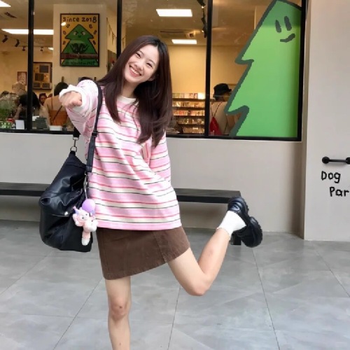 Original Color Weave Striped Heart Long Sleeve T-shirt for Women - Korean Sweet Style Designers' Choice Unusual Top