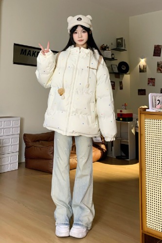 Cute Polka Dot 3D Bear Collar Cotton Coat Winter 2025 New Loose Thick Warm Cotton Jacket Bread Coat