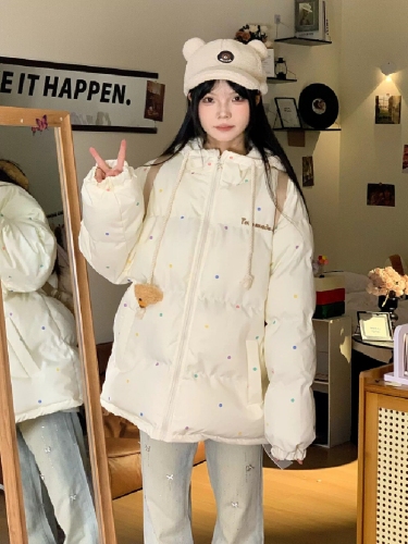 Cute Polka Dot 3D Bear Collar Cotton Coat Winter 2025 New Loose Thick Warm Cotton Jacket Bread Coat