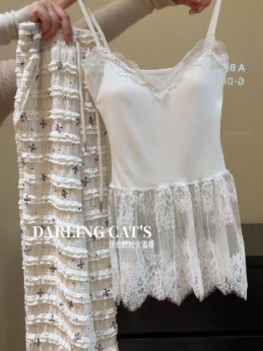 White lace strappy top women's autumn layering inner wear base short skirt hot girl slimming sheer mesh dress