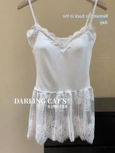 White lace strappy top women's autumn layering inner wear base short skirt hot girl slimming sheer mesh dress