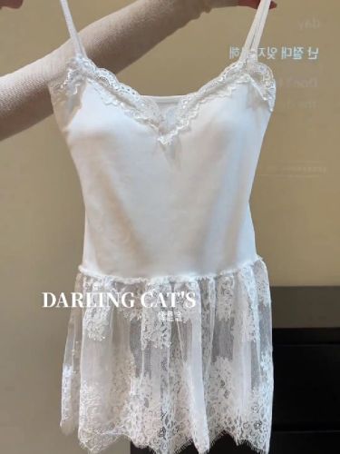 White lace strappy top women's autumn layering inner wear base short skirt hot girl slimming sheer mesh dress