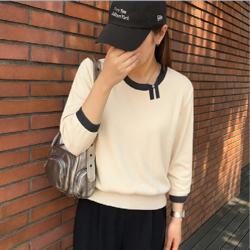 Real photos, massive new nine-point sleeve pullover knitted top contrasting color and cool sweater, air conditioning shirt