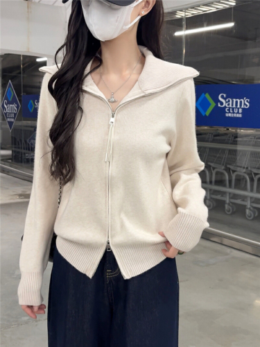 Real-shot Gray Oversized Lapel Knitted Cardigan for Women | New Korean-Style Lazy-Look Double-Zip Sweater Coat