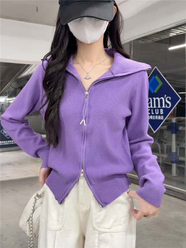 Real-shot Gray Oversized Lapel Knitted Cardigan for Women | New Korean-Style Lazy-Look Double-Zip Sweater Coat