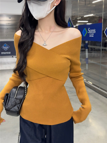 Crossed V-neck Fitted Striped Knit Sweater One-shoulder Women's Top