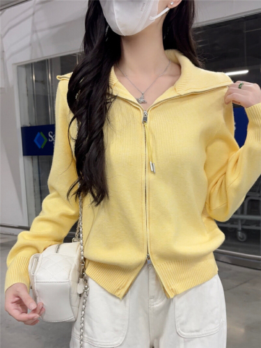 Real-shot Gray Oversized Lapel Knitted Cardigan for Women | New Korean-Style Lazy-Look Double-Zip Sweater Coat