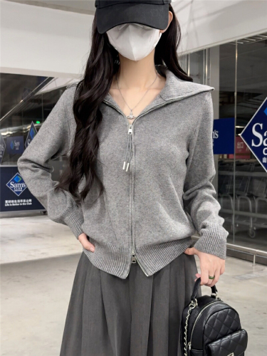 Real-shot Gray Oversized Lapel Knitted Cardigan for Women | New Korean-Style Lazy-Look Double-Zip Sweater Coat