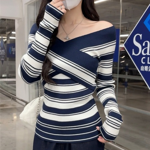 Crossed V-neck Fitted Striped Knit Sweater One-shoulder Women's Top