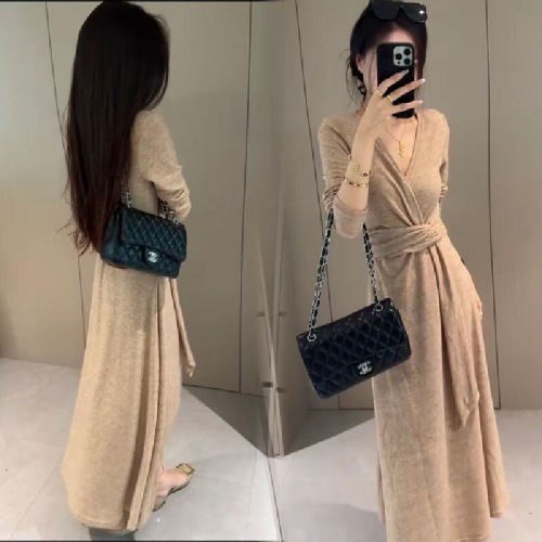 Chic Belted Khaki V-Neck Knot Dress for Women - Autumn 2025 New Arrival Pure Desire Style, Fitted Waist, Slimming Long Skirt