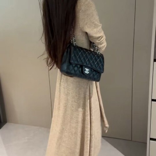 Chic Belted Khaki V-Neck Knot Dress for Women - Autumn 2025 New Arrival Pure Desire Style, Fitted Waist, Slimming Long Skirt