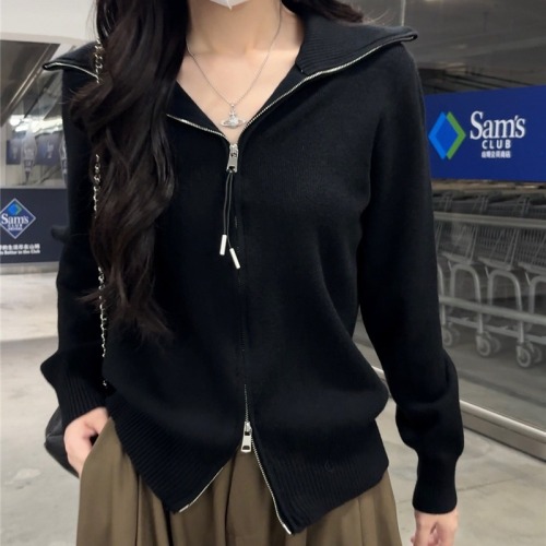Real-shot Gray Oversized Lapel Knitted Cardigan for Women | New Korean-Style Lazy-Look Double-Zip Sweater Coat