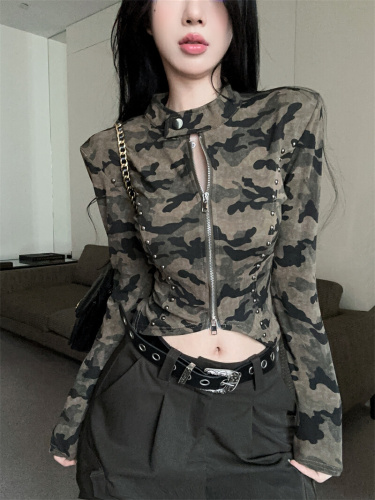 Photo-shoot~ Retro Spice Collar Zipper Camo Long Sleeve Women's T-Shirt Design-Sensitive Unique Slimming Short-Sleeve Top