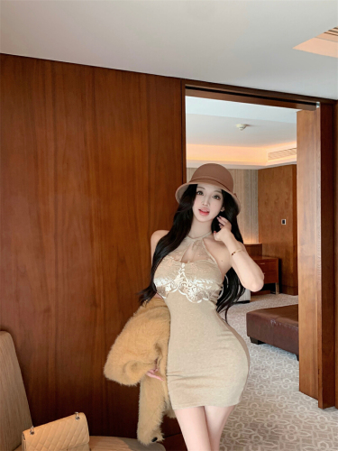 Photographed Amber Flowing Light Personality Embroidered Gold-Plated V-Neck Dress