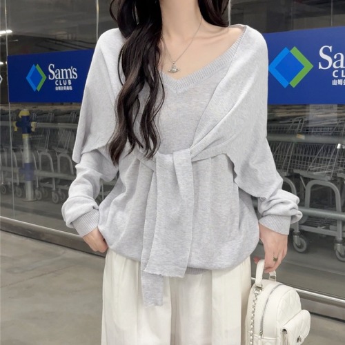 Photographed Loose and Lazy V-Neck Hooded Scarf Knitted Sweater Two-Piece Set