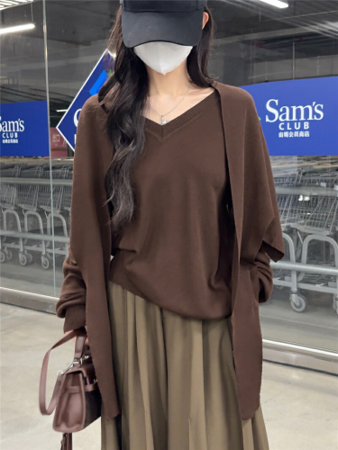 Photographed Loose and Lazy V-Neck Hooded Scarf Knitted Sweater Two-Piece Set